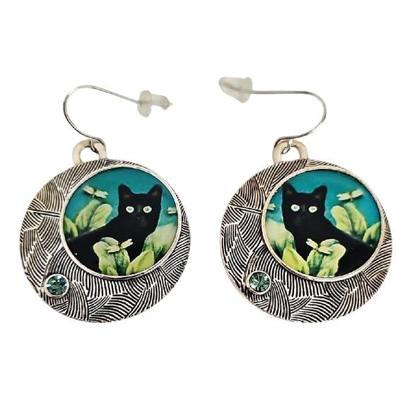 Black Cat in a Field w/Green Rhinestone Accent Silver Earrings Halloween Artisan - Picture 1 of 5